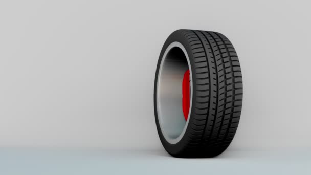 Rueda de coche 3D gira sobre fondo blanco — Vídeos de Stock