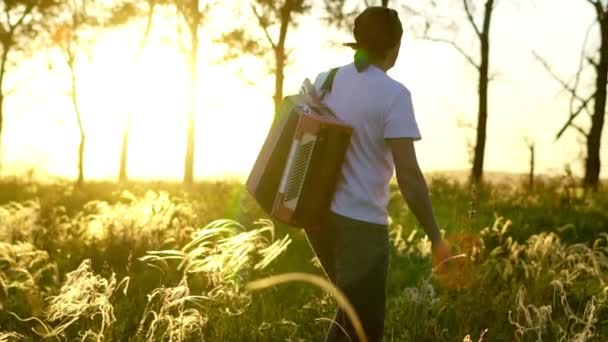 Um homem caminha num campo ao pôr-do-sol — Vídeo de Stock