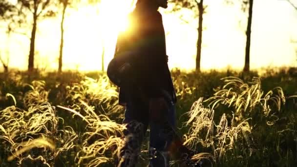 En man går på ett fält vid solnedgången — Stockvideo