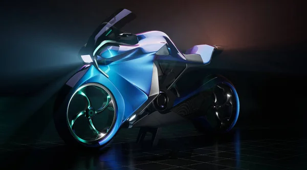 Üç boyutlu görselleştirme. Yeni gelecekçi motosiklet karanlıkta duruyor.