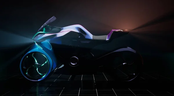 Üç boyutlu görselleştirme. Yeni gelecekçi motosiklet karanlıkta duruyor.