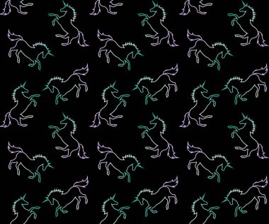 siyah arka plan üzerinde neon pastel gradyan holografik tek boynuzlu at vektör dikişsiz desen