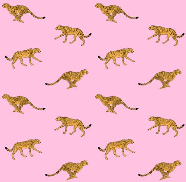 Siyah çizgi el vektör dikişsiz desen pembe arka plan üzerinde izole sarı turuncu çita siluet çizilmiş