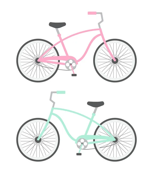 Conjunto de desenhos animados plano vetorial de dois pastel hortelã e bicicleta de cidade de cruzeiro rosa no fundo branco —  Vetores de Stock