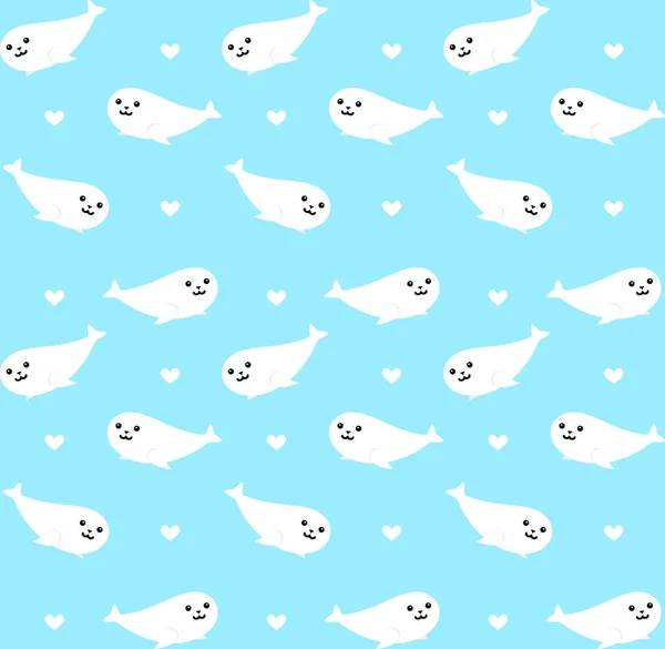 Διάνυσμα ομαλή μοτίβο του λευκού χαριτωμένο σφραγίδα θαλάσσιο σκύλο και την καρδιά κολύμπι σε γαλάζιο φόντο θάλασσα — Διανυσματικό Αρχείο
