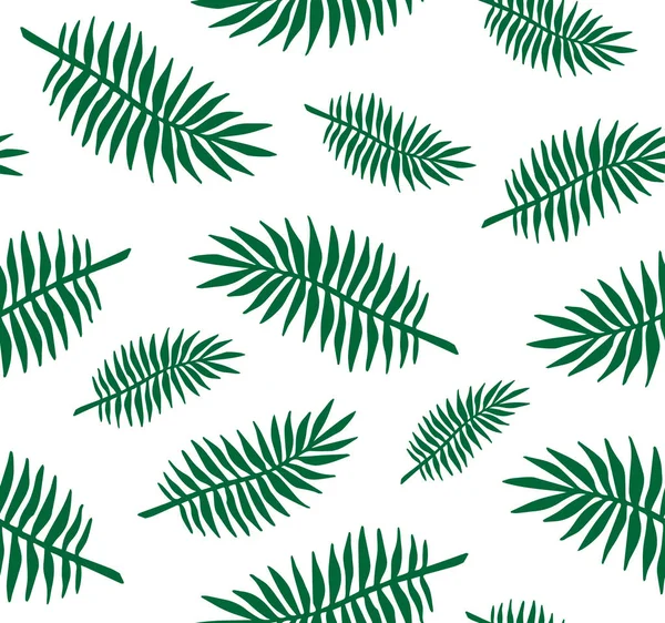Vector seamless pattern of white hand drawn palm tree leaves silhouette on green background — Stock Vector