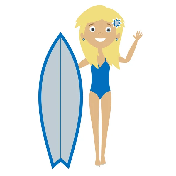Bonito apartamento desenho animado surfista loira menina de pé com a prancha de surf azul em biquíni maiô — Vetor de Stock