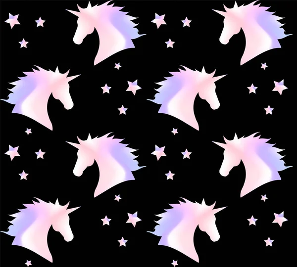 Vecteur sans couture holographique motif de tête de cheval licorne pastel sur fond noir — Image vectorielle