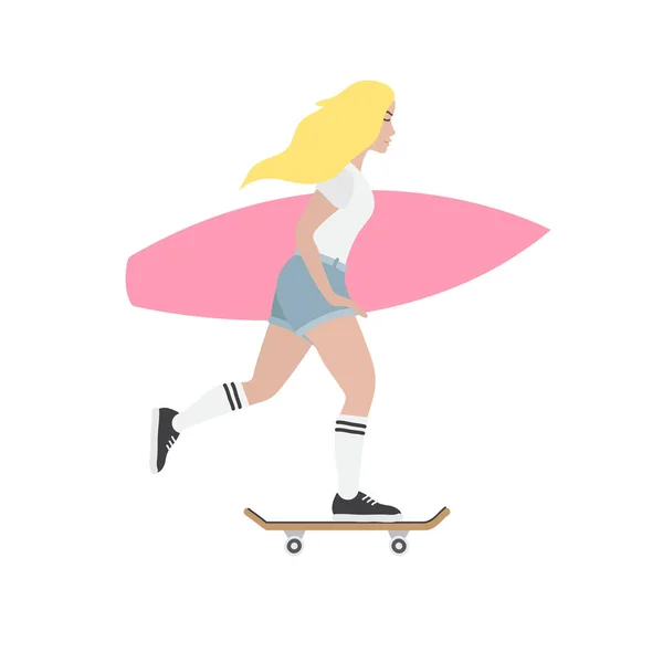 Vetor plana desenho animado ilustração de skater menina com prancha de surf rosa no fundo branco — Vetor de Stock
