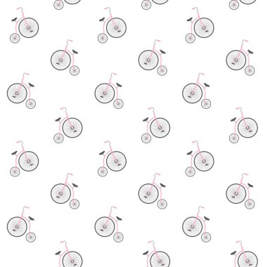 Düz karikatür pastel pembe bir tekerlek retro bisiklet Vektör dikişsiz desen