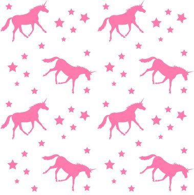 beyaz izole yıldızlar ile dikişsiz vektör tek boynuzlu at pembe siluet desen