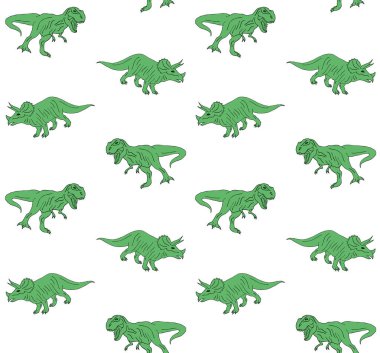 Beyaz arka plan üzerinde yeşil el çizilmiş karalama kroki triceratops ve tyrannosaur dinozor Vektör dikişsiz desen 