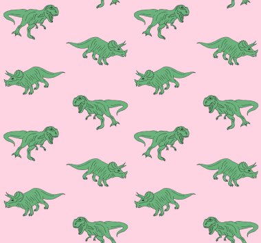 Pastel pembe arka plan üzerinde yeşil el çizilmiş doodle kroki triceratops ve tyrannosaur dinozor Vektör dikişsiz desen 