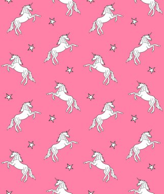 Pastel pembe arka plan üzerinde el çizilmiş doodle kroki tek boynuzlu at ve yıldız vektör dikişsiz desen 