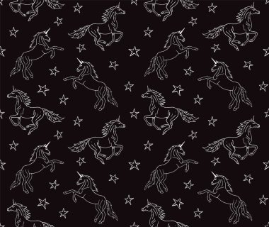 Siyah arka plan üzerinde beyaz el çizilmiş karalama kroki tekboynuz vektör dikişsiz desen