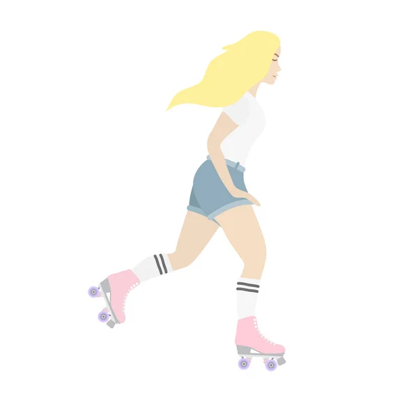 Vector plana desenho animado menina loira andar patins rolo quad no branco — Vetor de Stock