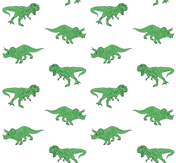 白い背景に緑の手描きの落書きスケッチトリケラトプスとティラノサウルス恐竜のベクトルシームレスパターン — ストックベクタ