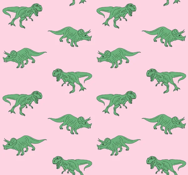 矢量无缝图案的绿色手绘涂鸦草图三叶草和暴龙恐龙在柔和的粉红色背景 — 图库矢量图片