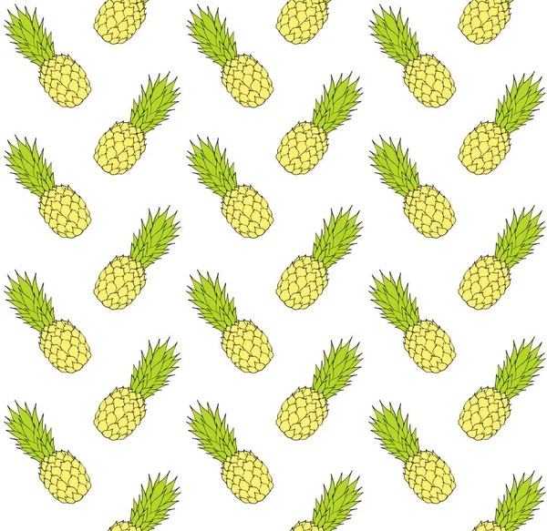 Patrón sin costura vectorial de amarillo y verde dibujado a mano boceto piña de manzana de pino sobre fondo blanco — Vector de stock