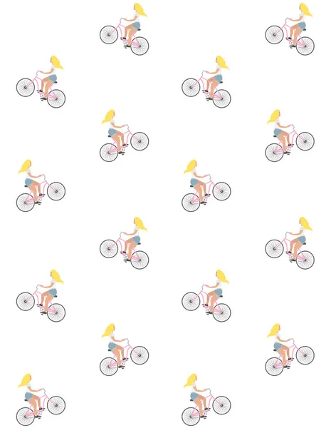 Wektor bezszwowe wzór płaskiej kreskówki blond dziewczyna jedzie rocznika rejs różowy rower na białym tle — Wektor stockowy