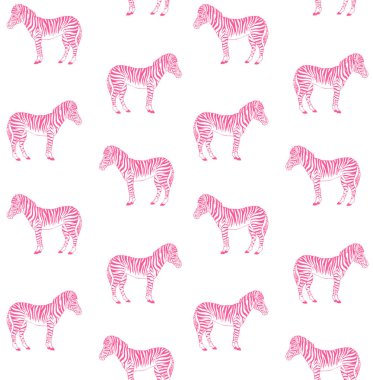 Beyaz arka plan üzerinde pembe el çizilmiş zebra vektör dikişsiz desen 