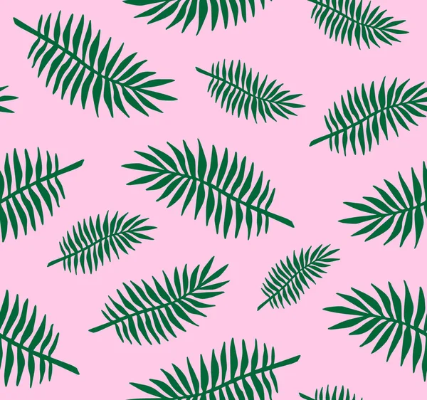 Vector seamless pattern of green flat hand drawn palm leaves on pastel pink background — Stock Vector