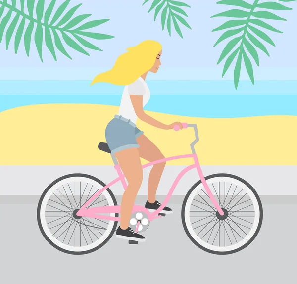 Vektor flache blonde Mädchen auf einem Vintage-Kreuzfahrt rosa Fahrrad am Stadtstrand mit Palmblättern — Stockvektor