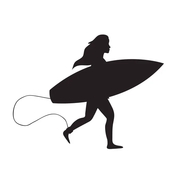 Векторний плоский чорний силует дівчини, що працює з дошкою для серфінгу на білому тлі — стоковий вектор