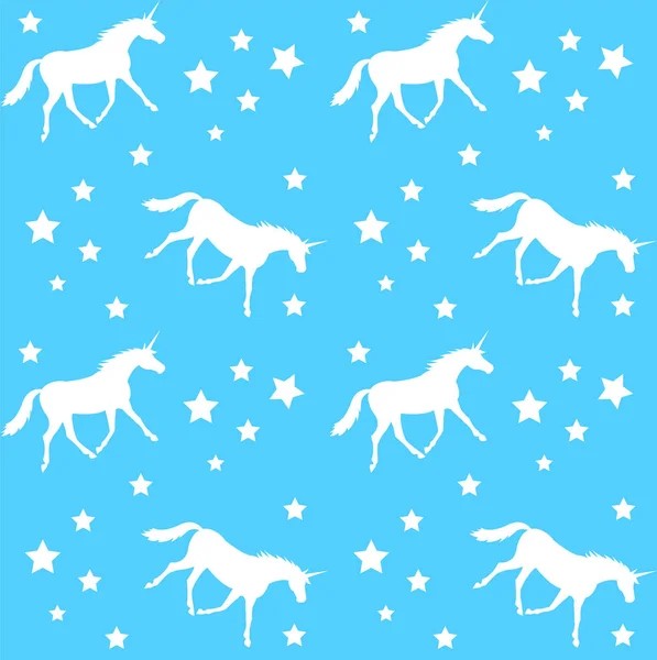 Patrón de unicornio de silueta blanca sin costura vectorial en azul claro — Vector de stock