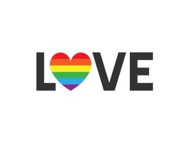 Gökkuşağı LGBT kalp logosu yazı ile vektör düz aşk