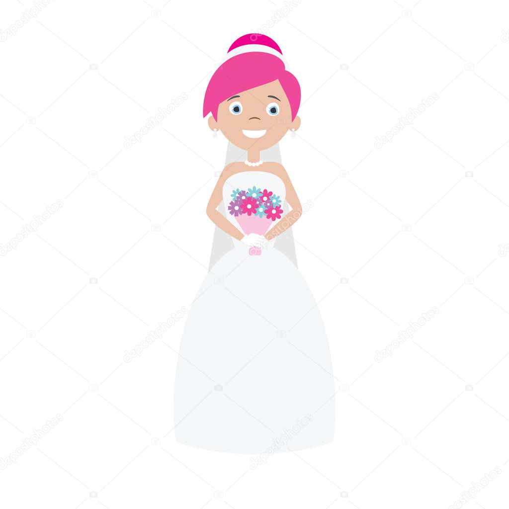 Vector flat bride with bouquet and pink hair