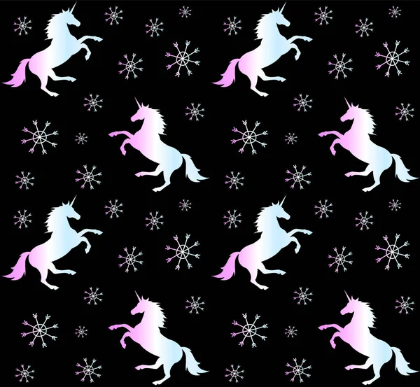 Vector pattern of holographic unicorn with snow — Stock Vector