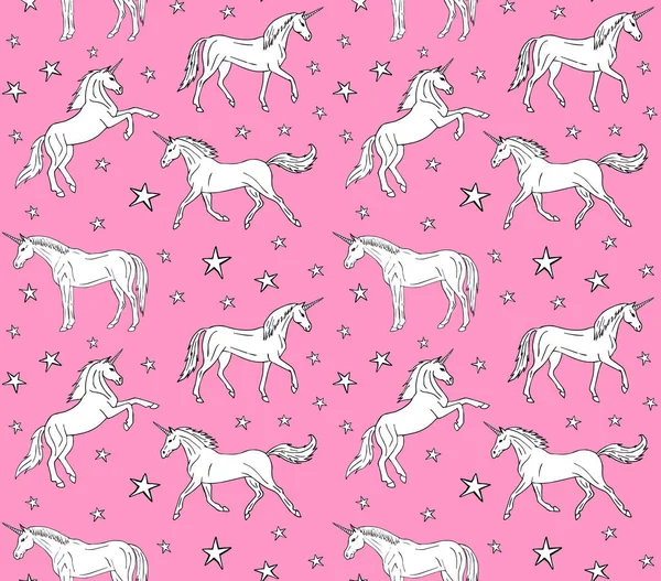 Vector pattern of hand drawn unicorn on pink — Stock Vector