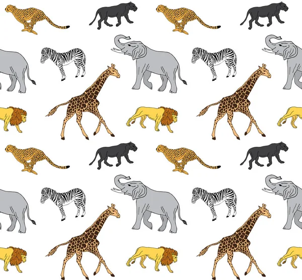 Modello senza cuciture di animali africani disegnati a mano — Vettoriale Stock