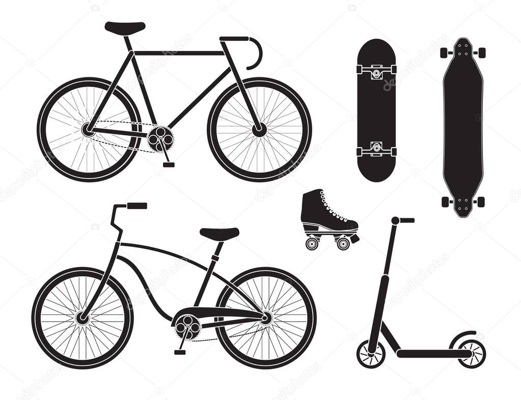 Vector flat set of bicycle skateboard scooter