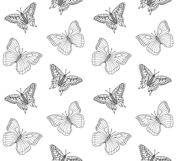 Padrão sem costura vetorial de borboleta desenhada à mão — Vetor de Stock
