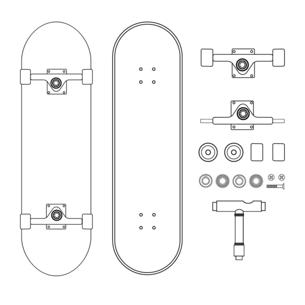 Conjunto de piezas de skate de línea plana vectorial en blanco — Vector de stock