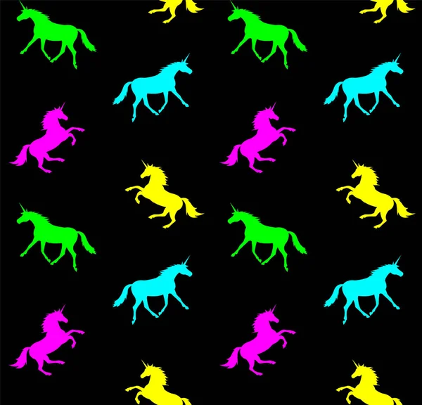Patrón sin costura vectorial de unicornio de neón en negro — Vector de stock