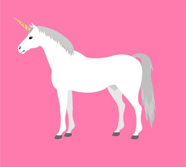 Vektör düz karikatür pembe üzerinde beyaz tek boynuzlu at