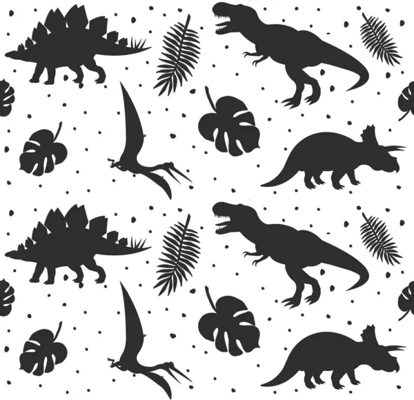 恐竜とヤシの葉のシームレスなパターン — ストックベクタ