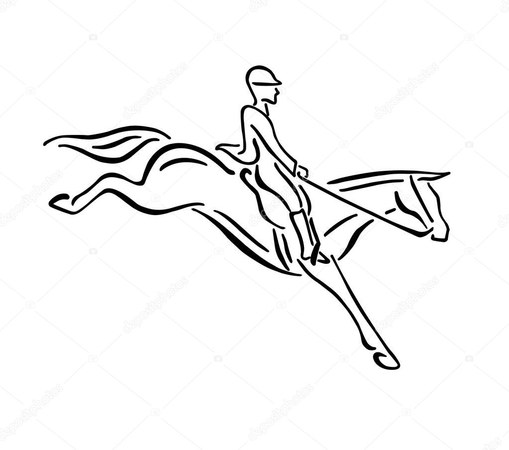 Vector black hand drawn silhouette of horse rider jumping logo isolated on white background