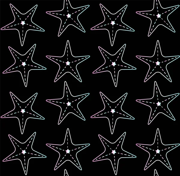 Seamless pattern of holographic star fish on black — Stock Vector