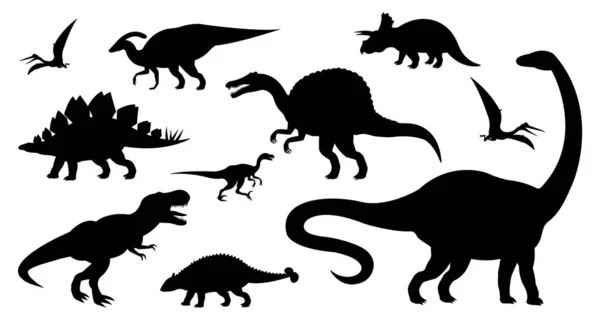 Vector black set of different dinosaur silhouette — Stock Vector