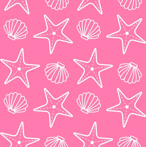Modello senza cuciture di conchiglia e stelle marine su rosa — Vettoriale Stock
