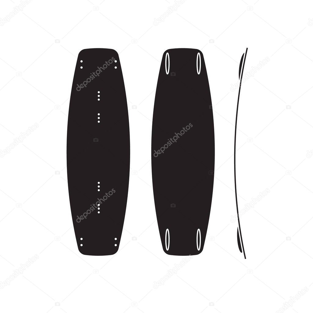 Vector set collection of black flat wake surf board icon isolated on white background