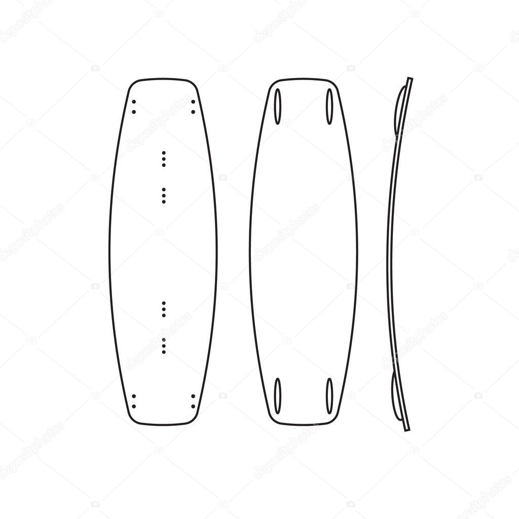 Vector set collection of flat black line wake surf board icon isolated on white background