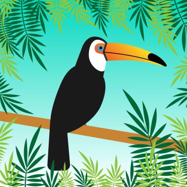 Vektör düz toucan kuş palmiye yaprakları ile dal üzerinde