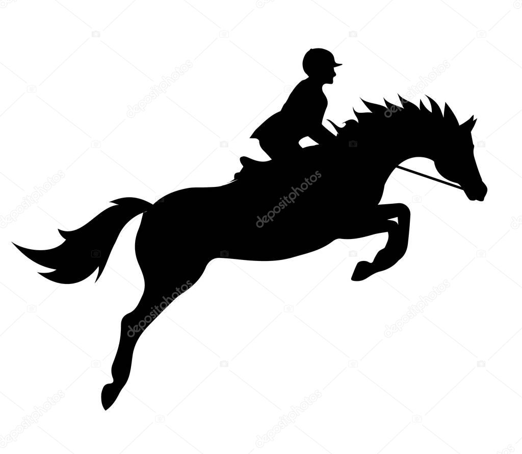 Vector flat black silhouette of show jumping horse and rider isolated on white background