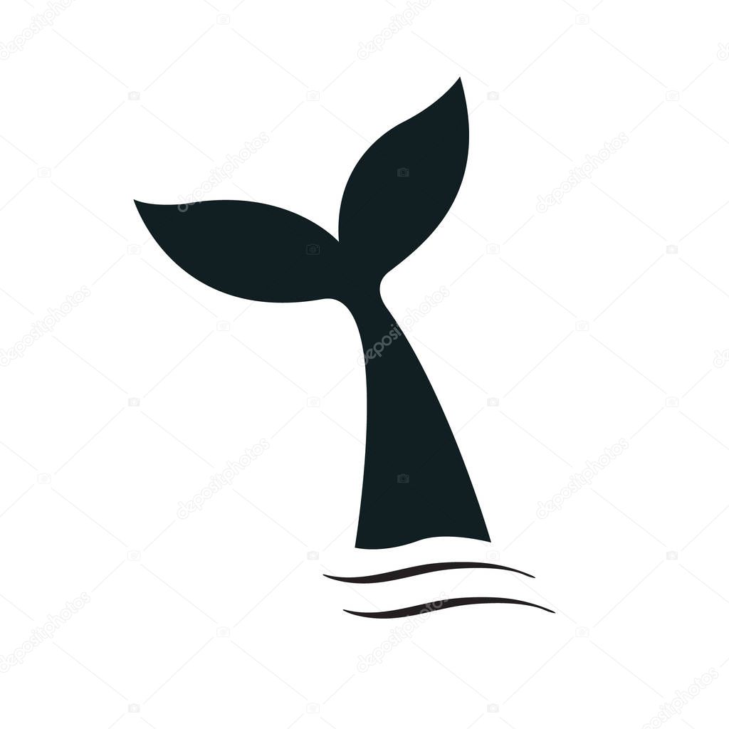 Vector flat black whale tail silhouette isolated on white background