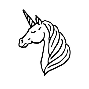Vektör siyah çizgi el çizilmiş doodle tek boynuzlu at kafası